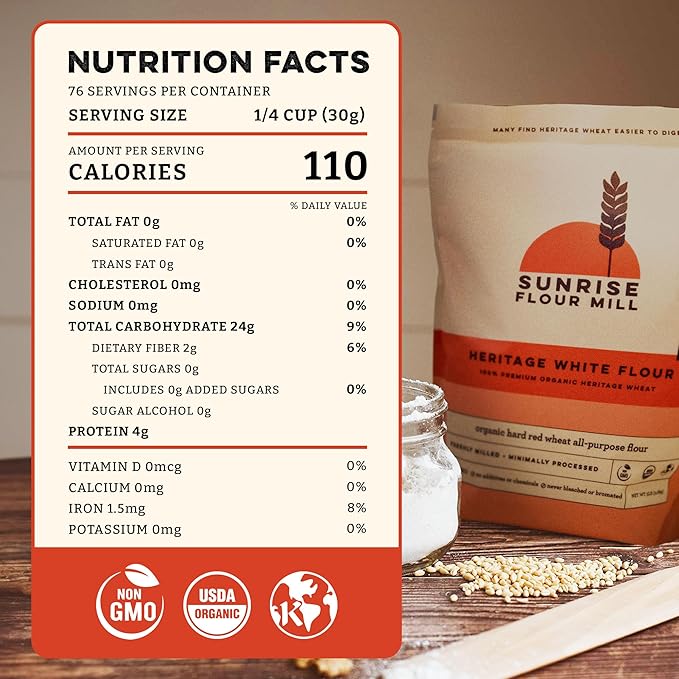 Sunrise Flour Mill Heritage Organic White Flour | USDA Organic All Purpose Flour Unbleached - Non-GMO Kosher Grown Without Glyphosate High Protein for Baking Unbromated White Wheat (80 Ounce (Pack