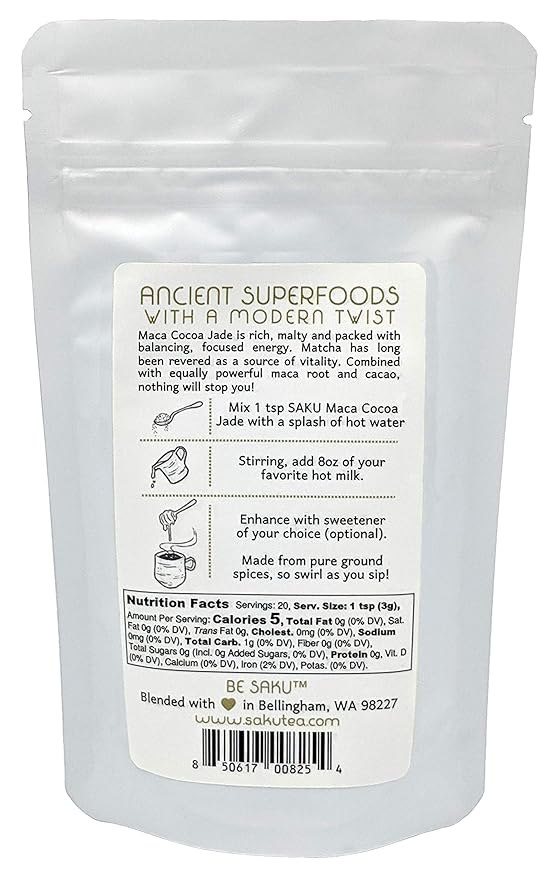 SAKU Tea Maca Cocoa Jade Matcha Latte Blend Super Food Latte 2.1 oz Bag