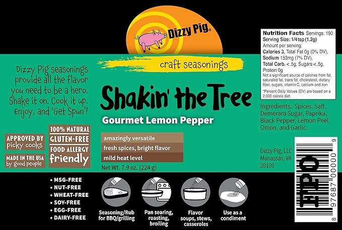 Dizzy Pig Shakin' the Tree Gourmet Lemon Pepper Seasoning Rub (8oz Shaker) - Seasons 30+lbs of Food - Hand Made in the USA - MSG Free Gluten Free (Pack of 2)