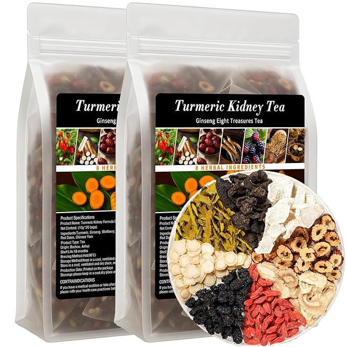 Turmeric Kidney Tea Formula Ginseng Eight Treasure Turmeric Ginseng Wolfberry Mulberry Maca Polygonatum Red DatesYam Natural Organic Healthy Kidney Cleansing Teas for Men &amp Women (2)