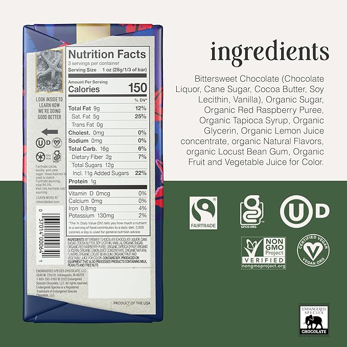 Endangered Species 60% Cocoa Raspberry Filling Dark Chocolate Bar Non GMO 3 Ounces (Pack Of 12)