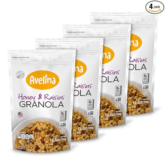 Avelina Gluten Free Granola Honey &amp Raisins - Healthy Oatmeal-Based Cereal - Kosher Non-Gmo - (12.3 oz 4-Pack)