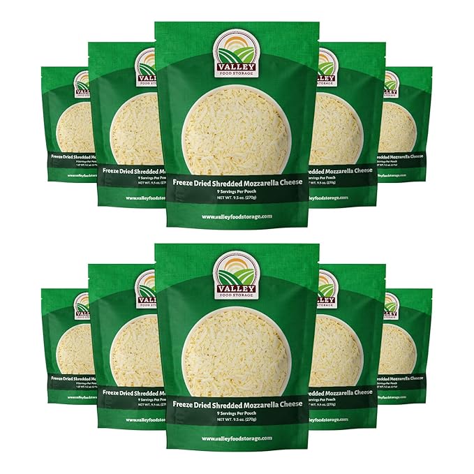 Freeze Dried Shredded Mozzarella Cheese 10-Bag Bucket 95 Oz | Premium Emergency Food Supply 25 Year Shelf Life | Non-GMO Prepper Supplies Survival Food Off Grid Living Supplies | Valley Food Storage
