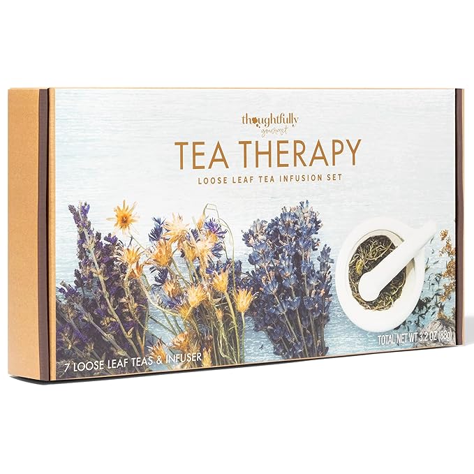 Thoughtfully Gourmet Tea Therapy Infusion Gift Set 7 Unique Flavors and Reusable Copper Ball Infuser Loose Leaf Tea Set Flavors Include Peppermint Jasmine Vanilla Chai and More Set of 7