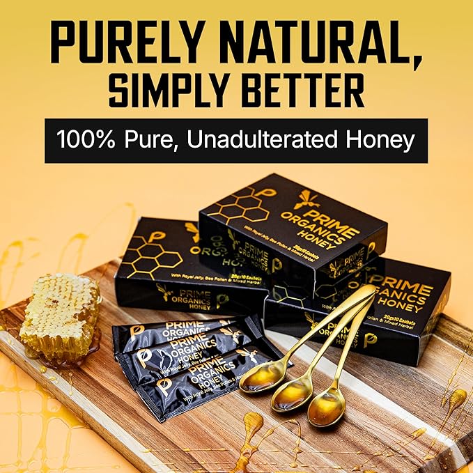 Prime Organics Honey Pack Honey for Men with Jelly Bee Pollen Tongkat Ali Ginseng Maca Tribulus Packet Supplement for Energy Stamina Vitality 20 g Sachets Pack of 10