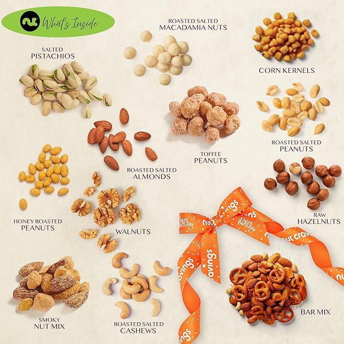 NUT CRAVINGS Gourmet Collection - Happy Birthday Treats Nuts Gift Basket with Bday Ribbon in Reusable Wooden Tray (12 Assortments) Food Arrangement Healthy Snack Care Package Food Assortments