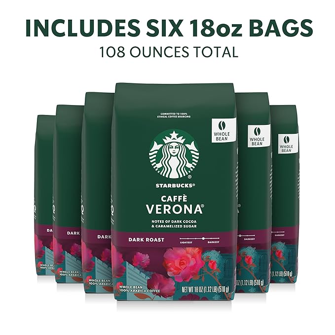 Starbucks Whole Coffee Beans Dark Roast Hot or Iced Coffee Caffè Verona Six 18 oz Bags