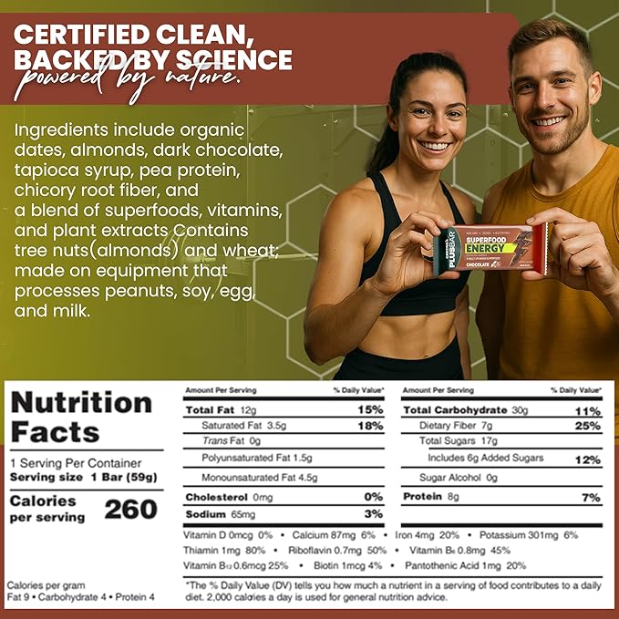 Greens+ Plusbar Energy Chocolate | Gluten Free Energy Bar | Organic Greens | Organic Dark Chocolate | Non GMO | 12 Bars