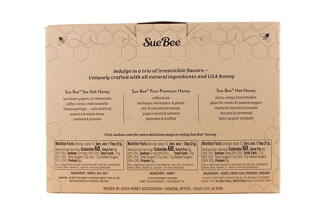 Sue Bee® Sweetness Sampler – 3 Pack Honey Gift Set | Original Hot &amp Sea Salt | Pure U.S. Farmed Certified | Gourmet Gift Set for Foodies Cooking Tea Charcuterie &amp Holiday Gifting 8 Ounce (