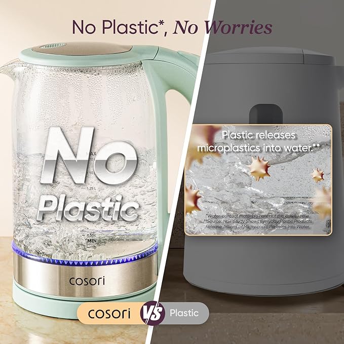 Cosori Electric Kettle No Plastic Contact With Water Wide Mouth For Easy Cleaning Auto Shut Off 1.7L Tea Kettle &amp Hot Water Boiler Water Heater &amp Teapot Borosilicate Glass Green 1500W