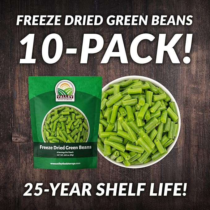 Valley Food Storage Freeze Dried Green Beans | 10-Bag Bucket 28.2 oz | Premium Emergency Food Supply 25 Year Shelf Life | Non-GMO Prepper Food for Camping Cooking &amp Long-Term Storage Packaged