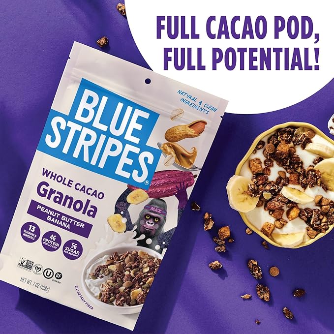 Blue Stripes Whole Cacao Granola - Gluten Free Dark Chocolate Granola for Cereal Oatmeal Yogurt 5g Protein Per Serving Source of Fiber Vegan Low Sugar - Peanut Butter Banana 7 oz (3 Pack)