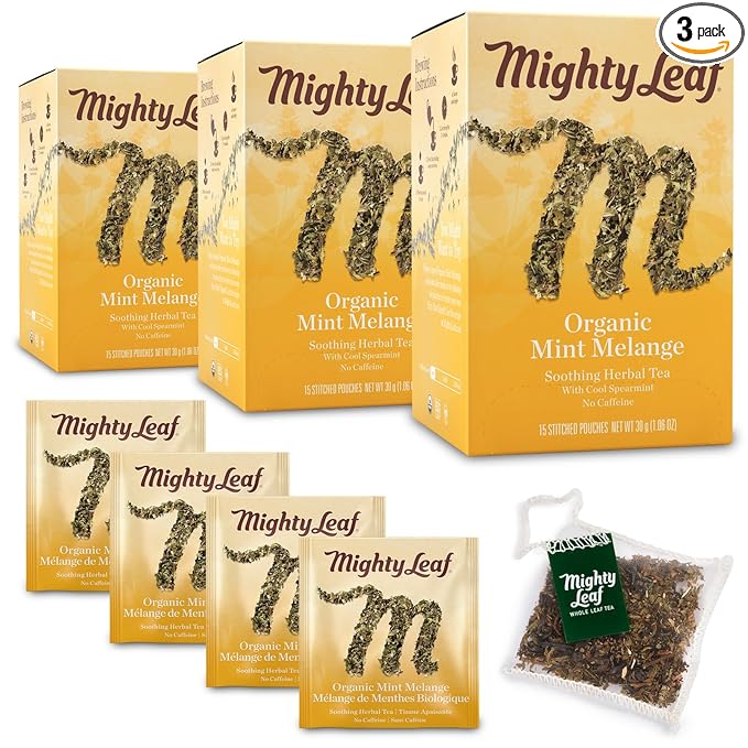 Mighty Leaf Organic Tea Mint Melange 15-Count Whole Leaf Pouches 1.32 Oz (Pack of 3)