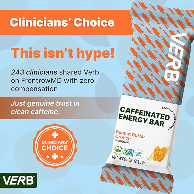 Verb Caffeinated Energy Bars Peanut Butter Cookie (26g Pack of 16) 110-Calorie Delicious Energy Bar - Vegan Gluten Free On-the Go Snack with 80mg Green Tea Caffeine Only Real-Food Ingredients