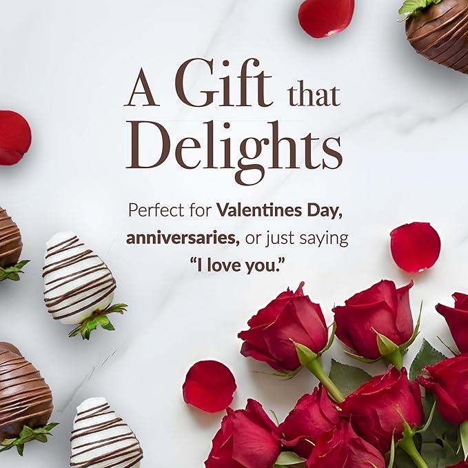 Shari’s Berries 12 Classic Red Roses &amp 12 Chocolate Covered Strawberries Gift Set | Chocolate &amp Fresh Flower Gift Box | Valentine's Day Anniversary Celebrations &amp Thank You’s