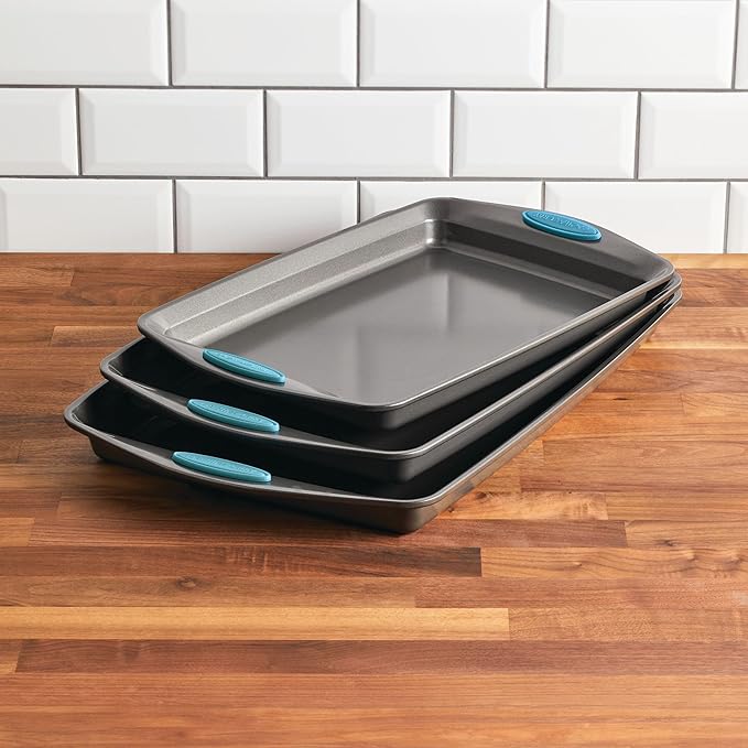 Rachael Ray Bakeware Nonstick Cookie Pan Set 3-Piece Gray with Agave Blue Grips