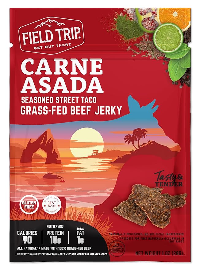 Field Trip Grass Fed Beef Jerky Healthy Gluten Free Snacks All Natural Paleo-Friendly Beef Jerky High Protein Low Carb Snack with No Nitrates 1oz Bag 12 Pack Carne Asada