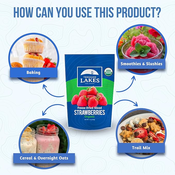 Thousand Lakes Freeze Dried Fruit - ORGANIC Strawberries 4-pack 1.1 ounces (4.4 ounces total) | No Sugar Added | 100% Sliced Organic Strawberries