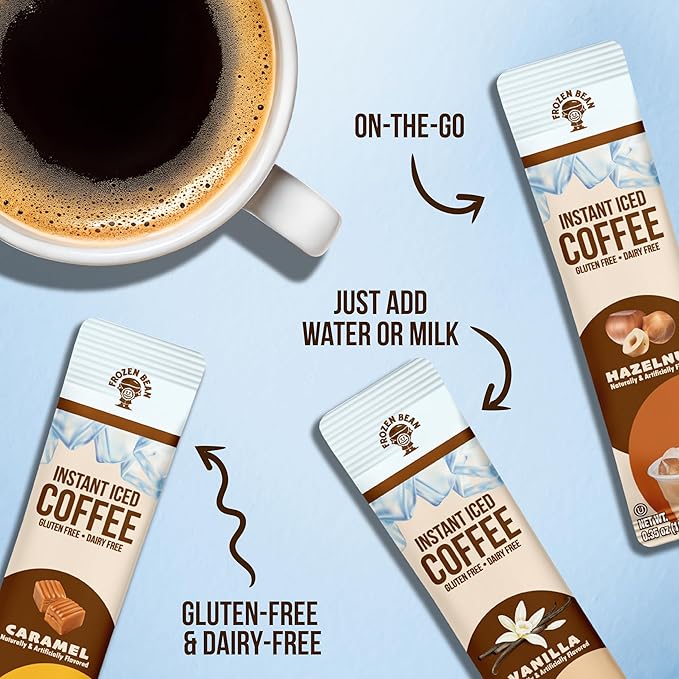 The Frozen Bean - Instant Iced Coffee Combo Pack Hazelnut Caramel VanillaGluten-Free Dairy-Free Packs of 30