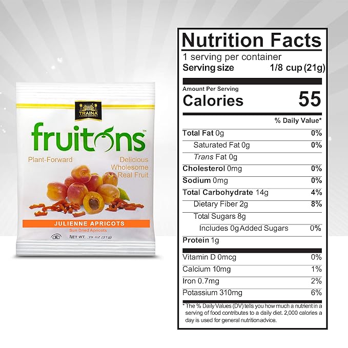 Traina Home Grown Fruitons Sun Dried Apricots - No Added Sugar Non GMO Gluten Free .75 oz bags (Pack of 18)