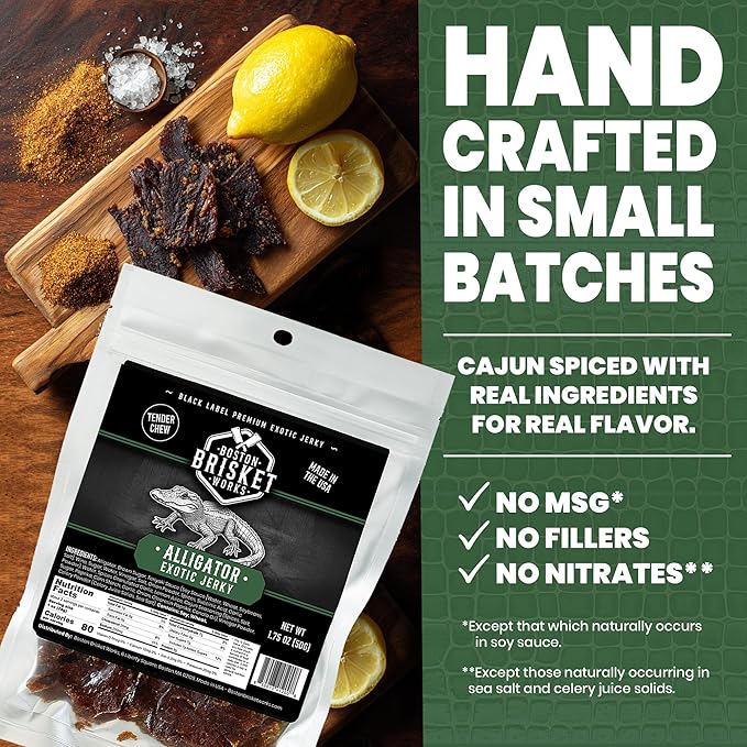 ALLIGATOR JERKY - 100% Gator Meat - Weird Food &amp Exotic Snack - Funny Birthday Present for Him Dad - Bizarre Edible Gift