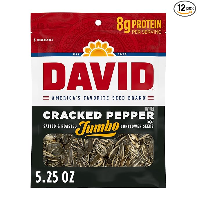 DAVID Roasted and Salted Cracked Pepper Jumbo Sunflower Seeds Keto Friendly 5.25 oz 12 Pack