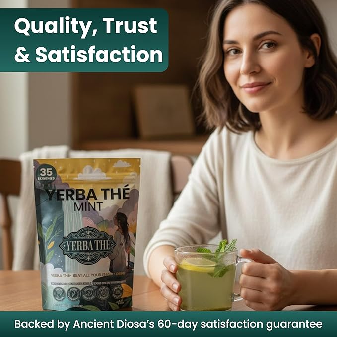 Yerba Mate Powder - Clean Energy &amp Focus - Organic Yerba Mate Tea 350g - Supports Gut Health with Probiotics &amp Prebiotics Brain Fog Relief Focus &amp Relaxation - Mint Flavor 35 Servings