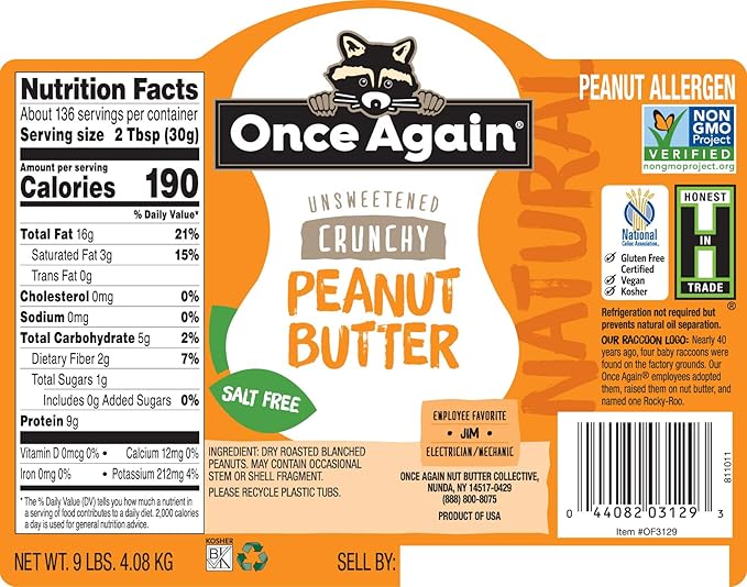 Once Again Natural Crunchy Peanut Butter 9lb Bucket (same as 9 jars)- Salt Free Unsweetened - Gluten Free Certified Vegan Kosher Non-GMO Verified