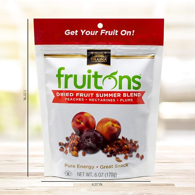 Traina Home Grown Fruitons California Sun Dried Summer Blend Fruit Mix - Peaches Nectarines and Plums No Sugar Added Non GMO Gluten Free Kosher Certified 6 oz pouch (pack of 2)
