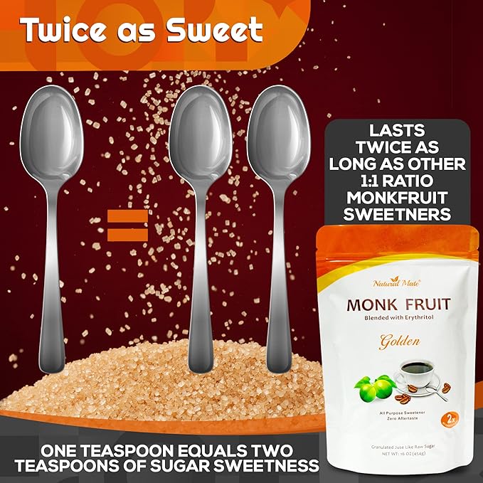 Monk Fruit Zero Calorie Sweetener (2x Sugar Sweet Golden) 16 oz - Granular Powder Blended with Erythritol - Sweet Natural Alternative to Xylitol and Stevia - Sugar Replacement for Keto Paleo Low G