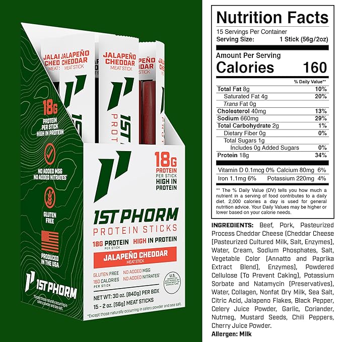 1st Phorm Meat Sticks Jalapeno Cheddar 18G Protein per Serving USA Raised Lean Beef and Pork High Protein Snacks Gluten Free No Msg or Nitrates Individually Wrapped 15 Count