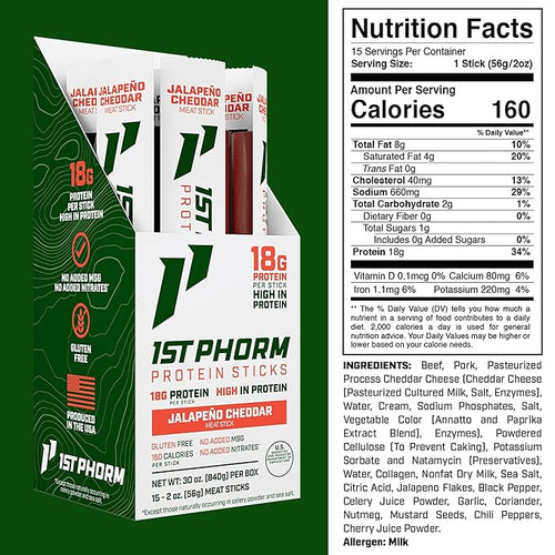1st Phorm Meat Sticks Jalapeno Cheddar 18G Protein per Serving USA Raised Lean Beef and Pork High Protein Snacks Gluten Free No Msg or Nitrates Individually Wrapped 15 Count