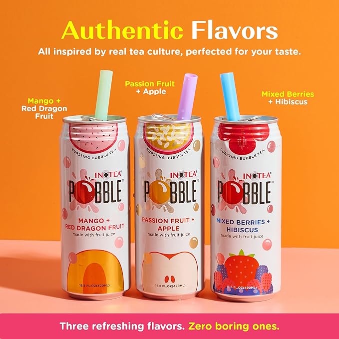 Inotea Pobble Bursting Bubble Tea - Refreshing Taiwanese Canned Boba with Popping Pearls - Ready-to-Drink Boba Tea - Enjoy Real Boba Without the Long Lines - Passion Fruit + Apple - 12 pack