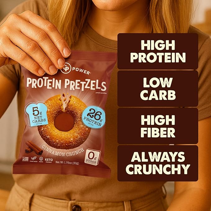 CRISP POWER Protein Pretzels NEW Cinnamon Crunch 26G Protein High Protein Snack High Fiber Low Carb Crunchy Pretzel Snacks No Added Sugar 1.75 oz Bags 6 Pack Vegan Keto