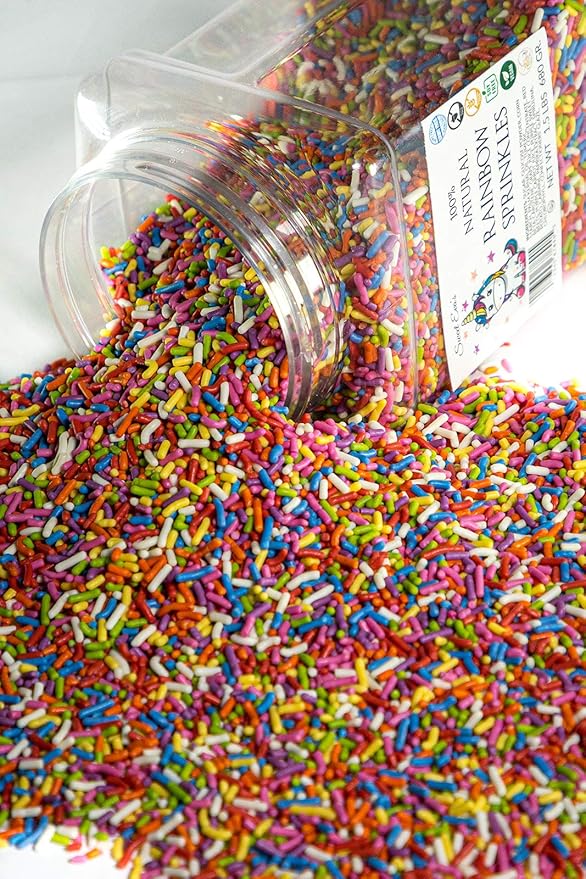 100% NATURAL RAINBOW SPRINKLES - NATURAL COLOR DAIRY FREE NUT FREE GLUTEN FREE SOY FREE VEGAN EGG FREE AND KOSHER 1.5 LBS. CUPCAKE AND CAKE TOPPERBULK CANDY RESEALABLE CONTAINERCOLORFUL