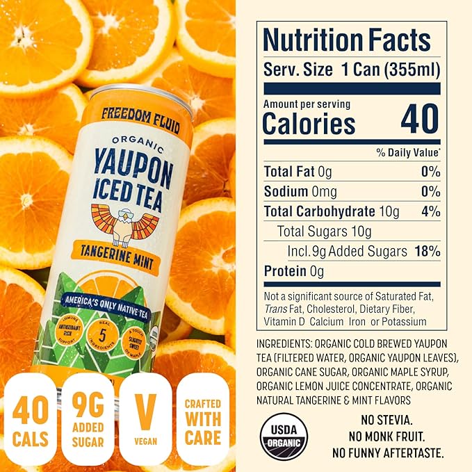 Freedom Fluid Organic Yaupon Iced Tea – Tangerine Mint | Herbal Tea Drink | Lightly Sweetened Low Sugar Low Calories Real Brewed Tea Clean Ingredients Antioxidant Rich Natural Caffeine 12 Pack