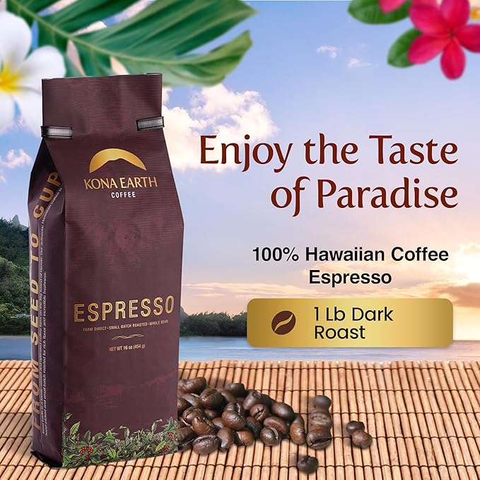 Kona Earth - Dark Roast Hawaiian Espresso Whole Bean 1lb (16 oz) Farm-Direct coffee beans from Hawaii’s Big Island Micro-Batch-Roasted