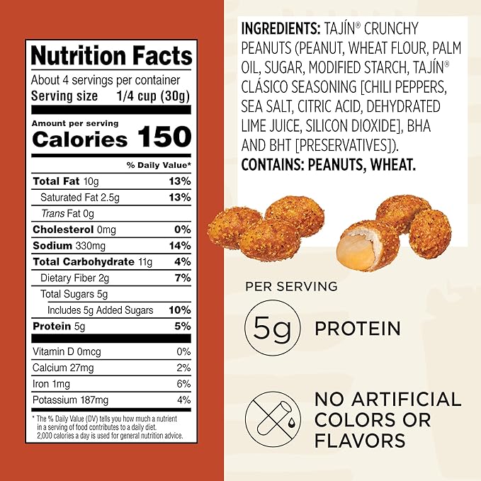 Snak Club Tajin Crunchy Peanuts Nuts with Chili and Lime Seasoning Mild No Artificial Colors or Flavors 4 oz Resealable Bags 6 Pack