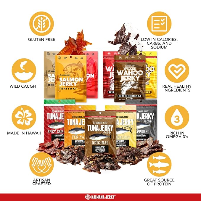 Kaimana Jerky Variety Pack - Ahi Tuna Salmon &amp Wahoo Ono Fish Jerky - All-Natural Wild-Caught Protein-Packed Omega-3 Rich - Made in Hawaii - 11 Bags Great Gift for Dad or Military Care Packag