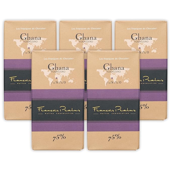 François Pralus Ghana 75% Dark Chocolate 5 Pack - French Chocolate - Bean-to-Bar Direct Trade - Vegan Soy-Free - Bundle