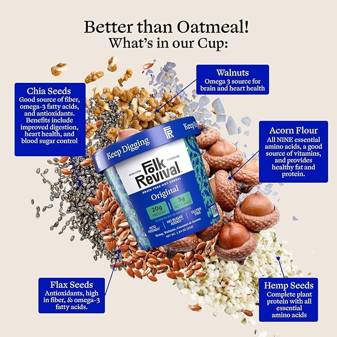Folk Revival Original Keto Instant 'Oatmeal' - 20g Protein 3g Net Carbs High Fiber Non GMO Gluten Free Made with Acorns - 12 Cups Per Case