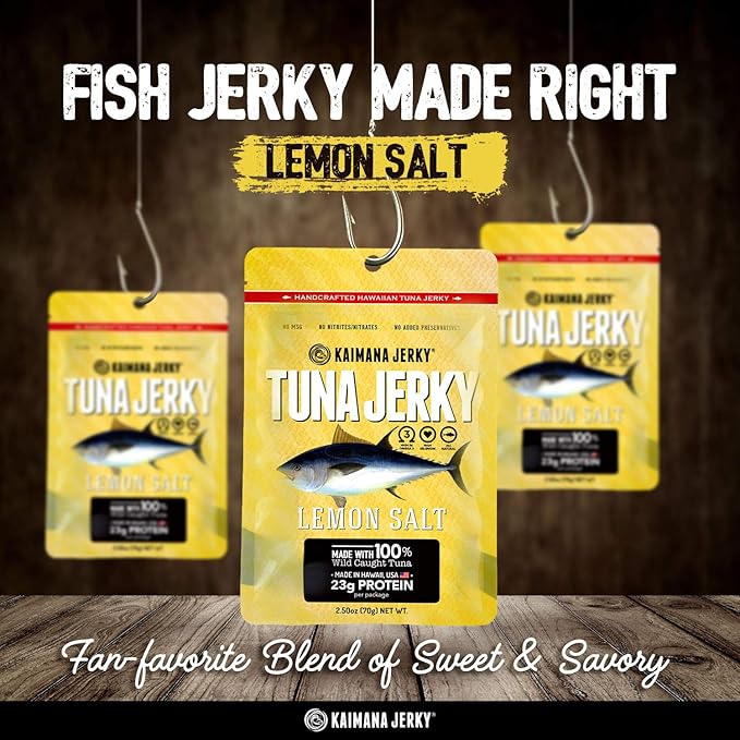 Kaimana Wild-Caught Ahi Tuna Jerky - Lemon Salt | Rich in Omega-3s &amp High in Protein | All-Natural &amp Organic Fish Jerky (3 pack 2 oz)