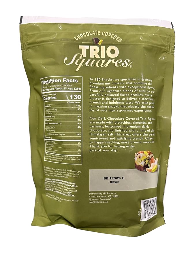 Pistachio Trio Squares Chocolate Covered California Pistachios Almonds Premium Cashews Dark Chocolate 14ozResealable1-pack