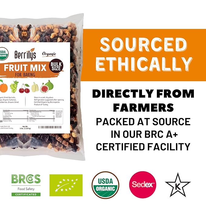 Fruit Mix Organic 5 Lbs Berrilys Dried Fruits Diced Figs Diced Apricots White Mulberries Sultanas Sour Cherries No Sugar Added Trail Mix for Baking and Snacking