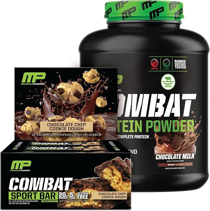 Muscle Pharm Combat 4lb Chocolate Milk Protein and Combat Chocolate Chip Cookie Dough Sport Bars