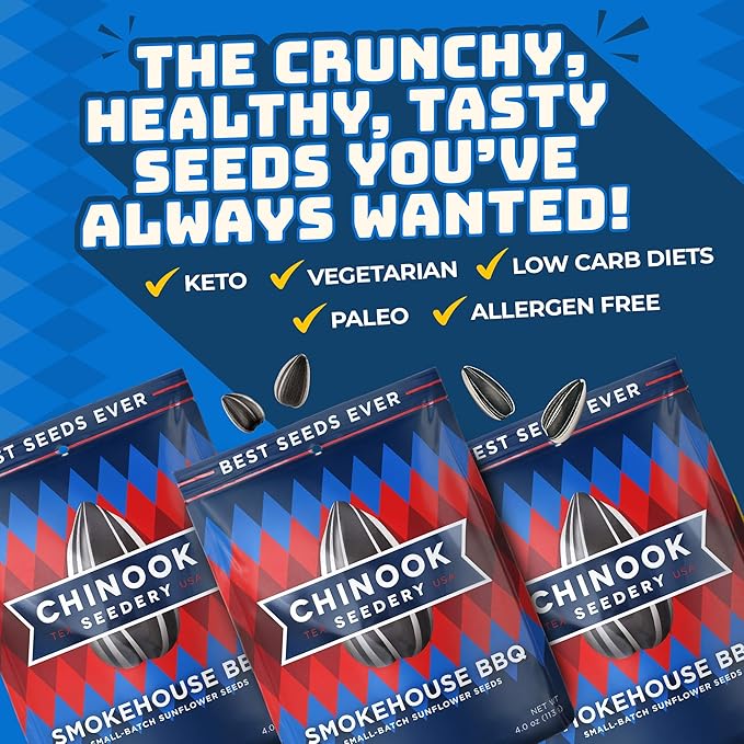 Chinook Seedery Sunflower Seeds to Eat — Jumbo Flavored Roasted Low Sodium Snacks — Keto Friendly Gluten-Free Non-GMO — Smokehouse BBQ Flavor 4 oz (12-Pack)