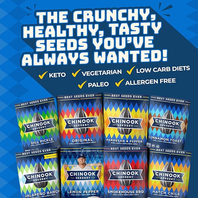 Chinook Seedery Sunflower Seeds to Eat — Jumbo Flavored Roasted Low Sodium Snacks — Keto Friendly Gluten-Free Non-GMO — 8 Flavor Variety Pack 4 oz (12-Pack)