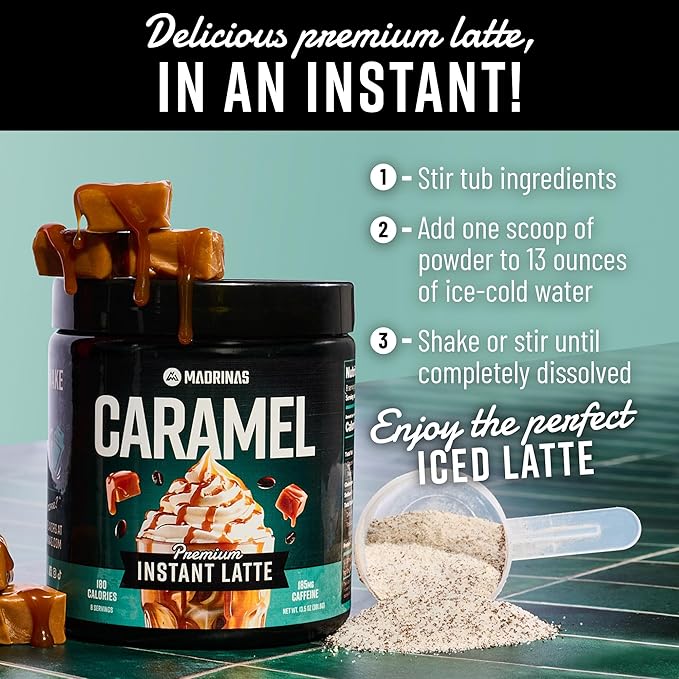 Premium All-Natural Caramel Flavored Instant Coffee Cold Brew Latte Mix - 8 Servings - High Caffeine Rich &amp Flavorful Gluten-Free Convenient | MADRINAS