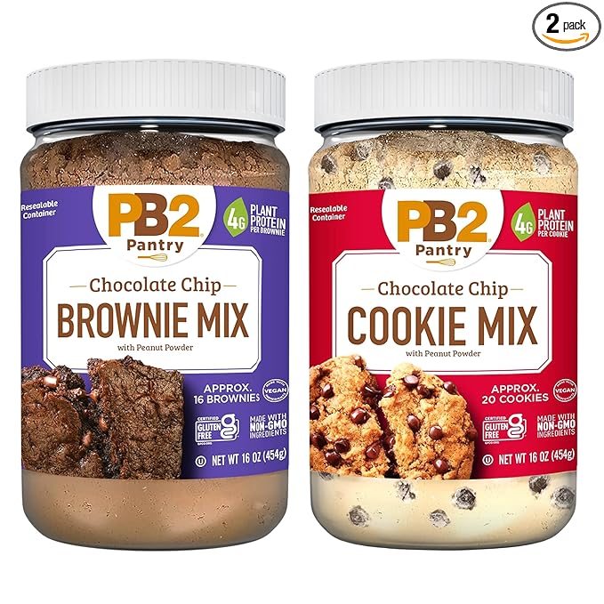 PB2 Pantry Bundle of Chocolate Chip Brownie &amp Chocolate Chip Cookie Mix | Certified Vegan Gluten-Free Non-GMO 4g Plant Protein per Serving 16oz Jars [Pack Of 2]