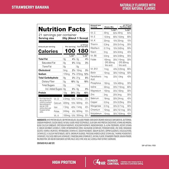 SlimFast High Protein Smoothie Mix Plus Fruit Powder High Protein Meal Replacement Powder Fiber Vitamin C 21 Servings 1.29 Pounds Strawberry Banana (Packaging May Vary)